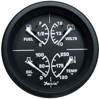 Faria Heavy-Duty 4" Multifunction [Fuel Level | Oil PSI (100 PSI) | Water Temp (120&deg;-250&deg; F) | Voltmeter (10-16 VDC)] - Black | 43006