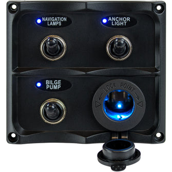 Sea-Dog Water Resistant Toggle Switch Panel w/LED Power Socket - 3 Toggle | 424623-1