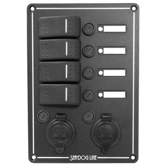 Sea-Dog Switch Panel 4 Circuit w/Dual Power Socket &amp; Illuminated Switches | 425146-1