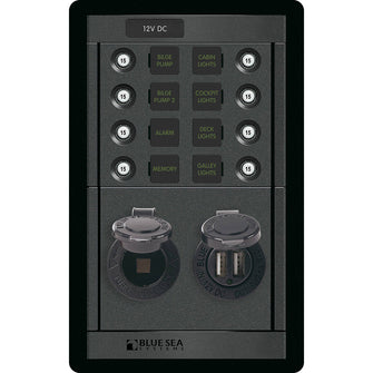 Blue Sea 1498 - 360 Panel - 8 Position 12V Panel w/Dual USB & 12V Socket | 1498