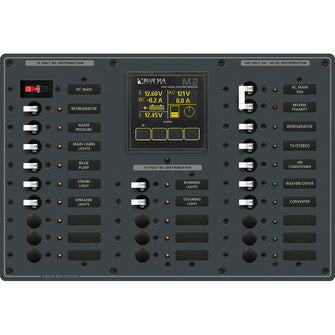 Blue Sea 8413 - Metal AC/DC Panel w/M2 Vessel Systems Monitor & 22 Circuit Breakers (15A) | 8413