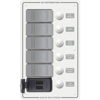 Blue Sea 8421 - 5 Position Contura Switch Panel w/Dual USB Chargers - 12/24V DC - White | 8421