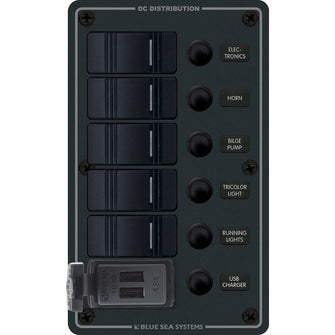 Blue Sea 8521 - 5 Position Contura Switch Panel w/Dual USB Chargers - 12/24V DC - Black | 8521